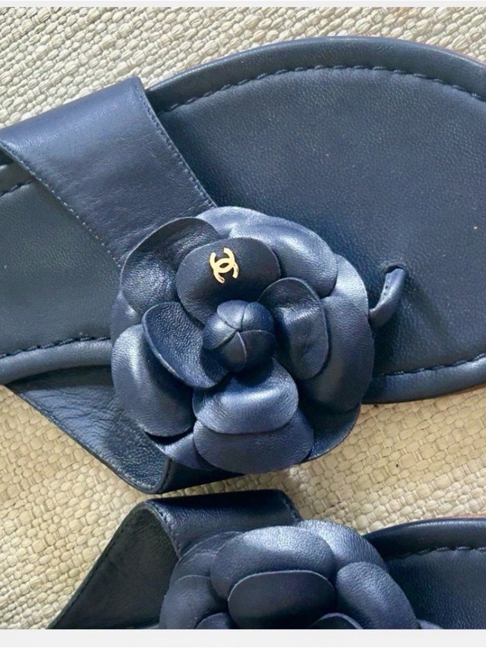 CHANEL Navy Camellia Leather Slide Sandals - Picture 3 of 6